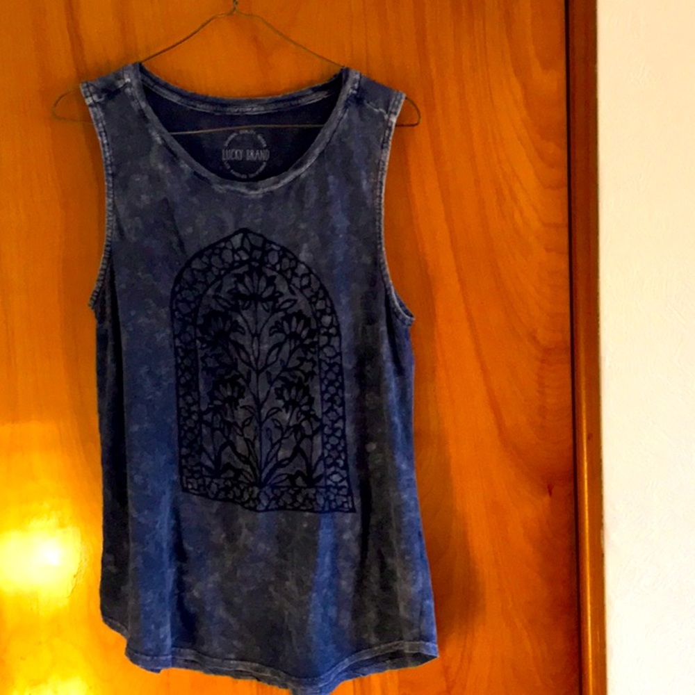 Lucky Brand Blue Washed Tank with Black Floral Window Print
